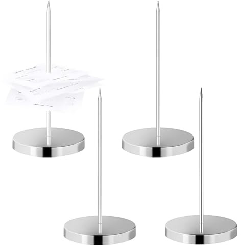LACHT 4 Stück Zettelspießer, Bonspießer Zettelhalter Rostfreies Edelstahl Quittungshalter mit Spikes und Metallbasis Memo Halter Spike Rechnungen Spike für Küche Hotel Restaurant Cafe Büro (Silber)