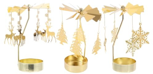 ULTECHNOVO Rotierendes Teelichtkarussell 3er-Set, Goldener Kerzenhalter aus Metall, Wärmegetriebener Kerzendreher mit Motiven Tanne, REH & Schneeflocke, Weihnachts- & Valentinstagsdekoration