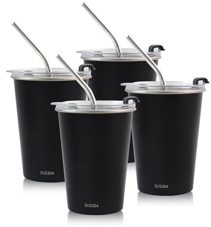 WQRFWET Ensemble De Tasses En Lot 4 Gobelets En Acier Inoxydable 350 ML / 12 Oz Stacking Beer Pint Extérieur Givré Antidérapant Avec Couvercle Et Paille Mugs En Métal Réutilisables(4pcs)