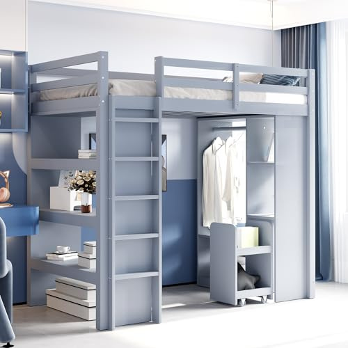 Hochbett 90x200 cm mit Mehrstufigen Regalen Kleiderbügeln und Ablagefächern Einzelbett mit 1 Herausnehmbaren Organisationswagen Familienbett Platzsparend Gästebett Ohne Matratze Grau