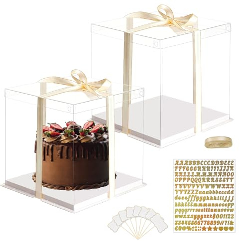 NAHUAA 2 Pièces Boite a Gateau Transparente Transportable 30x30x25 cm Boite Transport Gateau avec Couvercle et Ruban Boîte à Gâteau Transparente en Plastique Boîte Gateaux Layer Cake pour Patisserie