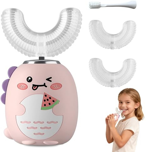 Weciau Kids U Shaped Toothbrush, 360º Automatic Ultrasonic Toothbrush with 4 Brushs Head and 3 Cleaning Modes, IPX7 Waterproof Electric Toddler Toothbrush for 2-12 Children (Pink)