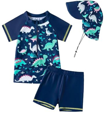 JiAmy Costume da Bagno per Bambini con Cappellino da Sole 3PCS, Maglietta Anti-Abrasioni a Maniche Corte con Zip, Costume da Nuoto per Neonati e Bambini, blu navy, 18 mesi