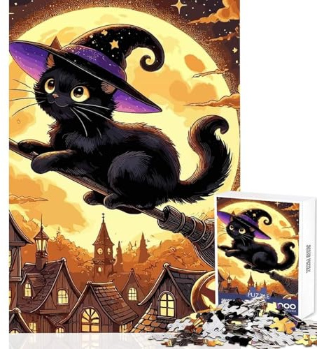 1000 Piece Jigsaw Puzzles for Adults Jigsaw Black Cat Witch on Broom 1000 Piece Jigsaw Hands-on Game Great Gifts for Games Wall Art (50x75cm)