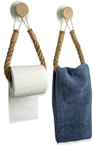 WUMZIRA Juego de 2 Ganchos de Madera y 1 Portarrollos de Papel Higiénico de Cuerda Vintage, Soporte para Toallas Adhesivo sin Taladro, Accesorios de Baño de Madera y Cuerda Industrial para