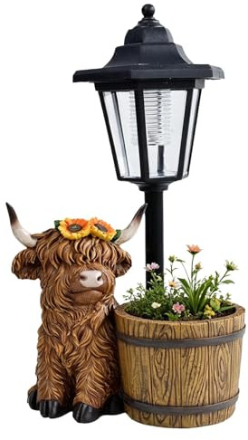 Solar Floor Lamp - Outdoor Flower Pot Planter Light, Highland Cow Design Decorative Lantern, Powered Garden Stake Light | Patio Courtyard Front Porch Back Door Illumination