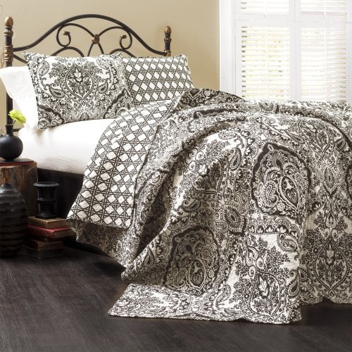 Lush Decor Aubree Set di Biancheria da Letto Double-Face con Stampa damascata e Motivo Cachemire, 3 Pezzi, Poliestere, Bianco e Nero, King