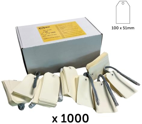 AVERY Boîte de 1000 Étiquettes Américaines Kraft avec Œillet et Fil de Fer 100 x 51 mm Étiquette Prix Étiquette Vêtement Carton Troué pour Boutique Brocante et Stock