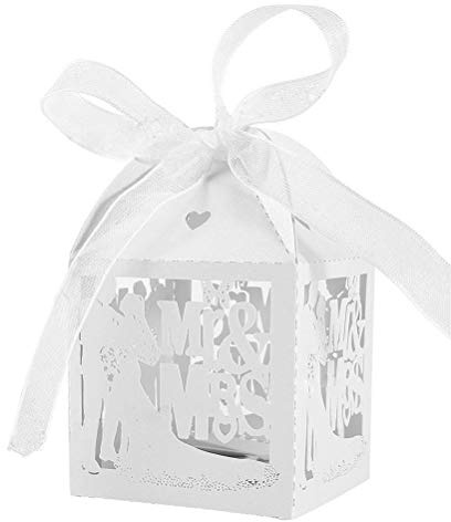 JZK 50 x Weiß Hochzeitspaar kleine Hochzeitspaar Gastgeschenk bonboniere geschenkbox Bonbonschachtel aus Papier für Hochzeit, Geburtstag, babyparty, Heilige Kommunion, Graduierung