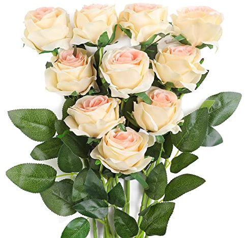 JUSTOYOU Rose Artificielle Fleurs De Soie Bouquet Home Office Arrangements De Mariage Champagne (10 PCS)