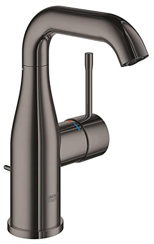 GROHE Essence, Waschtischarmatur, wassersparend (Wasserhahn für das Bad, mit Zugstangen-Ablauf, 19cm hoch, langlebige Oberfläche, einfache Installation am Waschbecken), anthrazit, 23462A01