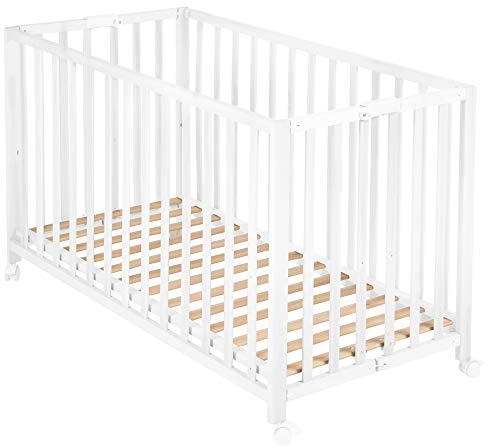 roba Lit Bébé Pliant en Hêtre Fold Up 60x120 cm - avec Roulettes à Freins - Blanc