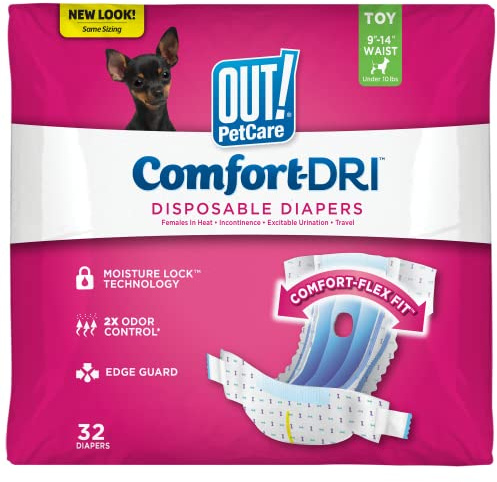 Out! PetCare Disposable Dog Diapers Potty Training, Female Dog Diapers, Female Doggie in Heat, Puppy Training & Incontinence Solutions, Puppy Essentials 9”-14” Sized Waist (Toy, 32ct)