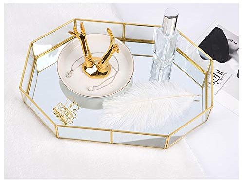 Hggzeg Goldfarbenes Glas-Tablett, Polygon-Metall, dekoratives Tablett, Schmuck, Parfüm, Organizer, Make-up-Tablett für Schminktisch, Kommode, Badezimmer, Schlafzimmer (klein)