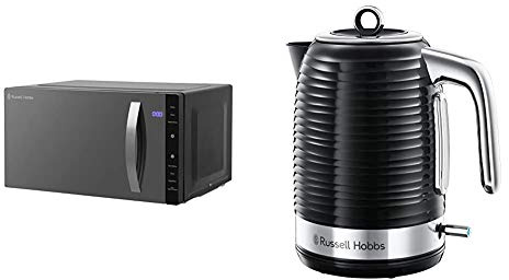 Russell Hobbs RHFM2363B 23L Flatbed Digital 800w Solo Microwave Black & 24361 Inspire Electric Fast Boil Kettle, 3000 W, 1.7 Litre, Black with Chrome Accents