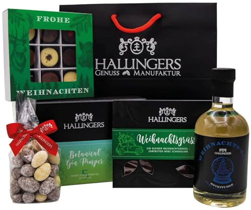 Hallingers Genuss Manufaktur Feinkost Weihnachts-Geschenk-Set - XXL-Geschenkkorb Berauschendes Fest großes Mitbringsel Tafel Schokolade, Gin, 9er Pralinen & Nougat-Mandeln, Weihnachten für Frauen