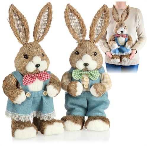 com-four® 2X Conejo de Pascua de Paja XL Hecho a Mano - Conejo de Pascua Decorativo de 42 cm para decoración de Pascua - Figuras de Paja para Pascua (02 Pieza 42cm Mujer + Hombre)