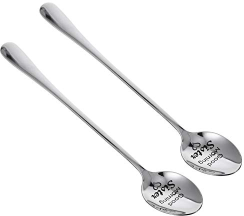 Amosfun 2pcs Stainless Steel Long Handle Sister Letter Spoon for Dessert Coffee Cake