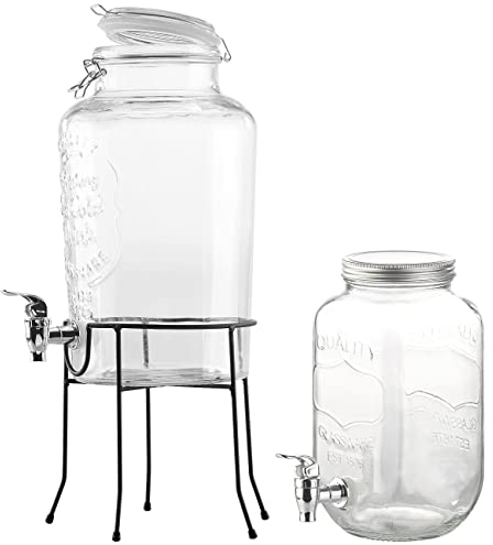 PEARL Saftspender mit Zapfhahn: 2er-Set Retro Getränkespender aus Glas mit Zapfhahn, 3,5 l & 6,5 l (5 Liter Glas mit, Getränkespender mit Ständer, Wasserkanister)