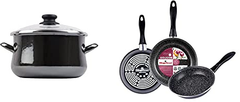 Magefesa Glass Olla 24cm de acero vitrificado exterior negro cristal. Antiadherente bicapa reforzado + K2 Gransasso Juego de 3 sartenes 18/20/24cm de acero vitrificado exterior gris moteado