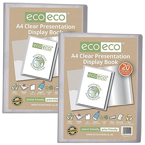 eco-eco A4 Size 50% Recycled 20 Pocket Clear Presentation Display Book, Storage Case Portfolio Art Folder with Plastic Sleeves, (Pack of 2) eco110x2