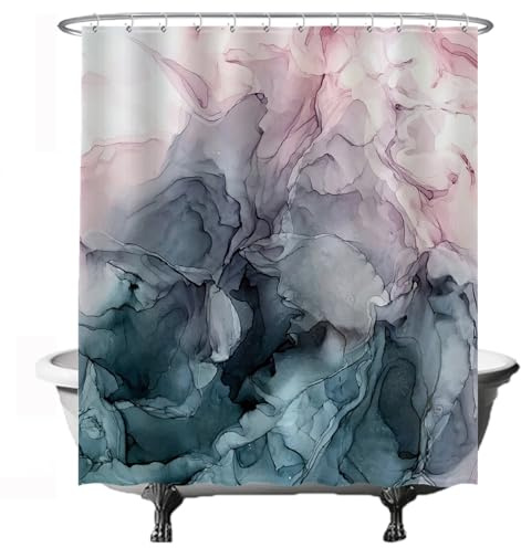 Ulticool Duschdraperi, marmor, pastell, akvarell, abstrakt konst, tvättbart, antimögeleffekt, vattentätt, med 12 ringar, marmor, blått rosa, 180 x 200 cm