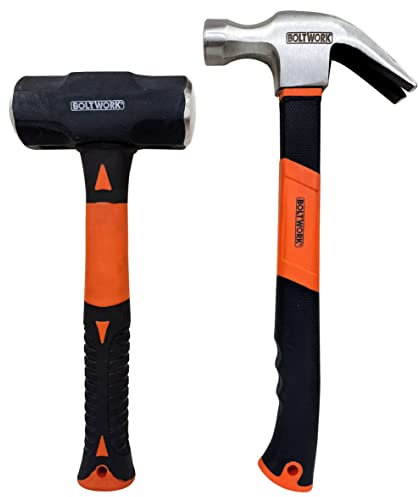 BOLTWORK 2pc Hammer Set Claw Hammer 16oz Sledge Hammer 4lb/1.8kg Drop Forged with Fiber Glass Shaft Rubber Grip Handle Hardened Anti Slip Handle Professional Tradesman Quality