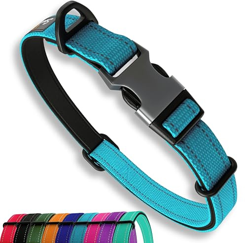 Sweetie Mjuk neopren vadderad blå hundhalsband med V-ring, slitstark reflekterande justerbar krage för alla raser