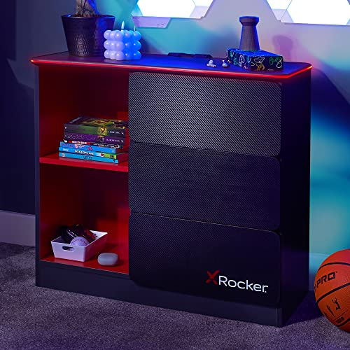 X-Rocker Commode noire 3 tiroirs poignées intégrées glissières métal bande éclairage LED RVB personnalisable éclairage d'ambiance meubles chambre enfant Gris/Rouge
