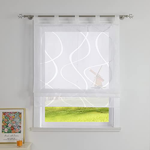 CORLIF Raffrollo Ausbrenner Gardinen Küchen Raffgardinen Landhaus Transparente Schlaufenrollo mit Wellenmuster Kurzvorhang Modern Rollos mit Schlaufen Weiß BxH 80x140 cm 1 Stück