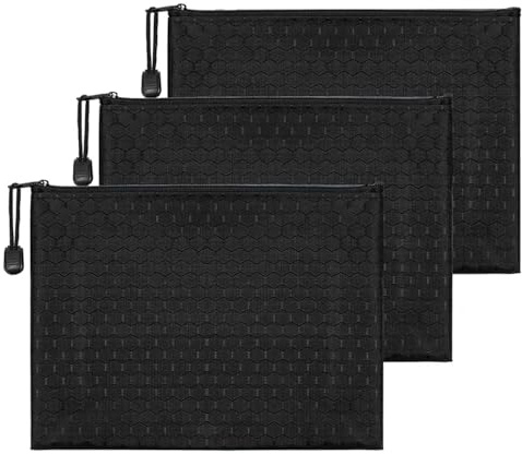 3 Pcs A5 Waterproof Zipper File Pouch for Documents, Waterproof Nylon Bag | Durable nylon zipper pouch for A5 documents & stationery. Black storage bag for office, school and travel