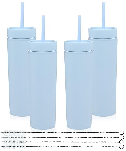 Volhoply Vaso delgado de plástico de 16 onzas con tapa y popote a granel, paquete de 4, vasos acrílicos mate aislados de doble pared sin BPA, taza de viaje para café helado, taza de viaje para café.
