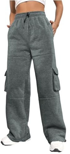 Nuofengkudu Fleece raka ben träningsoverall underdel dragsko 4 fickor joggingbyxor damer joggingbyxor mjukisbyxor casual, Mörkgrått, M