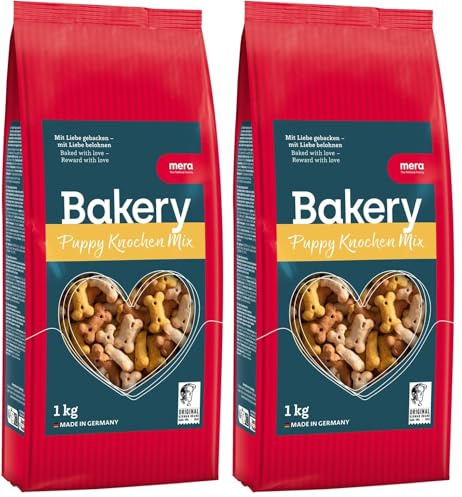 MERA Bakery Puppy Knochen Mix (1kg), Hundeleckerli für Training oder als Snack, Leckereien für Hunde aus natürlichen Zutaten, schonend gebackene Hundekekse (Packung mit 2)