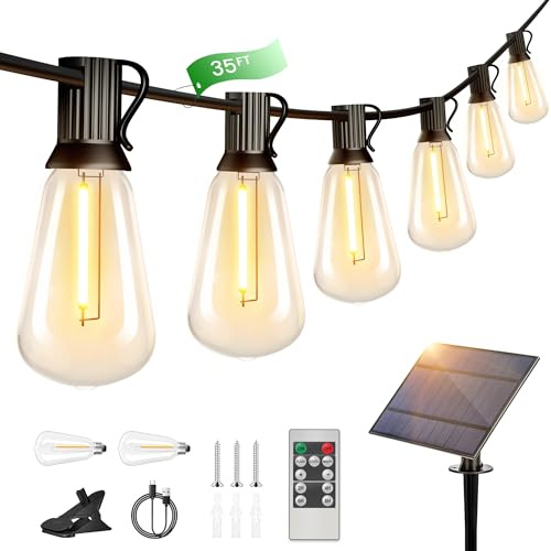 Torkase Solcellsljusslinga utomhus, 35 FT/10,6 m ST38 trädgårdsslinga med 15 + 2 LED plastlampa, solcellsladdning, 4 lägen vattentät för trädgård terrass bröllopsfest, 2 200 K varm vit