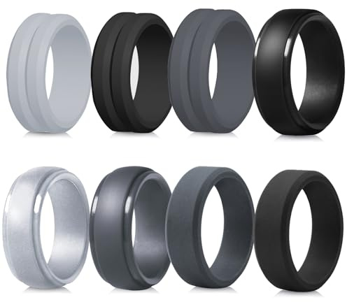 LOCCY 8 Pcs Mens Silicone Wedding Ring Breathable Silicone Engagement Ring Comfortable Athletic Ring Fit Skin Silicon Wedding Bands for Work, Sports, Workout