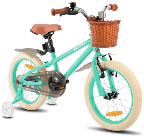 HILAND 14/16/18 Zoll Kinderfahrrad für Mädchen mit abnehmbaren Stützrädern, Handbremse und Rücktrittbremse, mit Korb, Mintgrün/Rosa