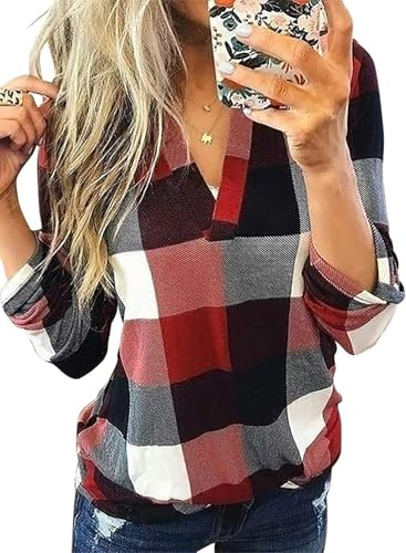 Cuptacc Chemise À Carreaux Haut Femme Chic Et Elegant Manche Longue Col en V Travail Décontracté Rouge S