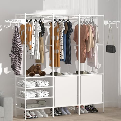 BSTHOK Kleiderstange, Schrankstangen, robuste Kleiderstange, Kleiderschrank für Schlafzimmer, freistehend, Metall, zum Aufhängen, Kleiderständer, zusammenklappbar mit Canvas-Regal (Weiß-3)