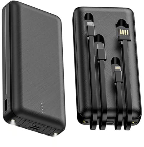 Powerbank 20000 mAh, caricabatterie portatile con cavi integrati, power bank USB-C a 4 uscite e torcia, batteria esterna per iPhone, iPad Samsung Tablet (nero)