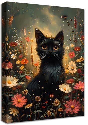 Katze im Garten Blumen Leinwand Bilder Mit Rahmen Schwarzes Kätzchen Bunte Blumen Bild auf Leinwand Malerei Pictures Wandbilder Wohnzimmer Schlafzimmer Badezimmer Halloween Wanddekoration 40x60cm