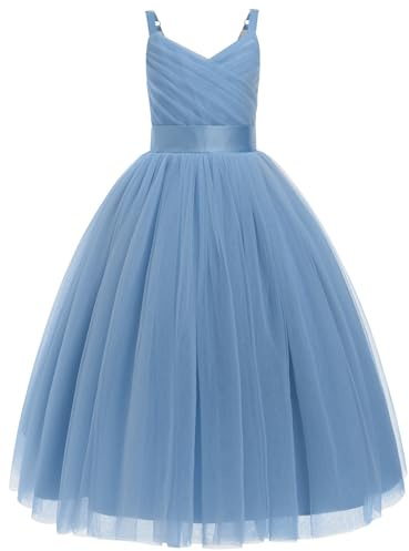 IDOPIP La Niña de las Flores Princesa Vestido Largo Plisado para Boda Dama de Honor Vestido de Baile con Bordado Floral, Encaje Elegante, Cuello en V, azul gris, 13-14 Años