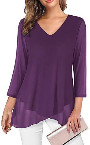 SHEKINI Dam, v-ringad, lätt meshtunika, skjorta, klockärmar, 3/4 ärmar, ledig, chiffongblus, eleganta snören, chiffong, volang, asymmetrisk fåll, damblus, lila, 3XL