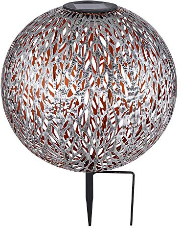 GLOBO LED Solar Steck Leuchte Außen Garten Erdspieß Strahler Stanzungen Deko-Licht Terrassen Hof Balkon Kugel Lampe, Farbe:silber - Blätter-Optik H 38 cm
