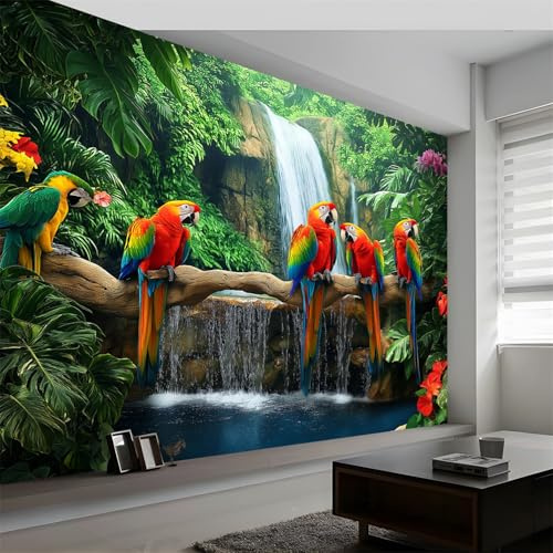 Fototapete Malerischer Wasserfall Dschungel Papagei Vlies Tapeten Wandtapete, Dschungellandschaft Moderne Wanddeko Design Wand Dekoration Wohnzimmer Schlafzimmer Büro Flur 300 x 210 cm (B x H)