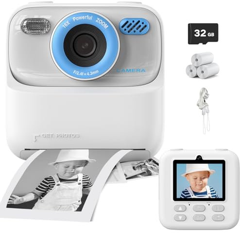 Sofortbildkamera Kinder, Digitalkamera für Mädchen Jungen, 1080P Kinderkamera Sofortbildkamera, Spielzeug | Geschenke für Kinder Alter 3-14 Jahre, mit 3Rollen Druck Fotopapier & 32GB Karte, Weiß