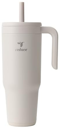 REDUCE Chiller Vacuum Insulated 40 oz Tumbler with Spill-Proof Silicone Straw - Sustainable Tritan Renew Lid with Water Intake Markers - Soft Sit Base Travel Mug - Dishwasher Safe - Unbleached