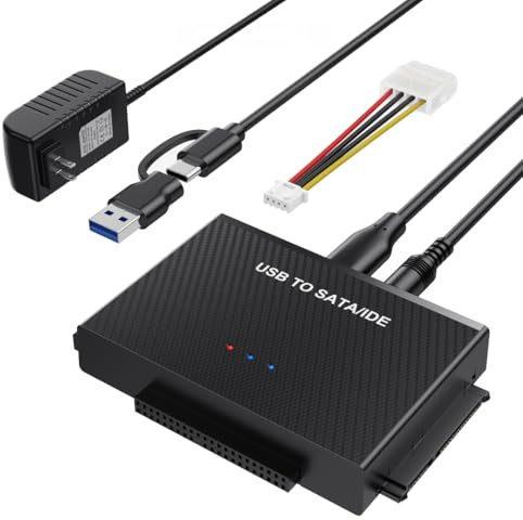 Hard Drive Reader USB-c 3.0 to SATA IDE Adapter，IDE SATA to USB + Type C External Hard Drive Adapter Data Recovery Converter Kit for Universal 2.5 3.5 HDD SSD Hard Drive Disk, with 12V/2A Power Adapte