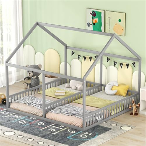 Hausbett 90x200 cm 2-in-1-Betten Einzelbetten Mit Lattenrost Kinderbett Für Kinder Jugendliche Bodenbett Für Kinderzimmer Jugendbett Ohne Matratze Flache Betten Grau