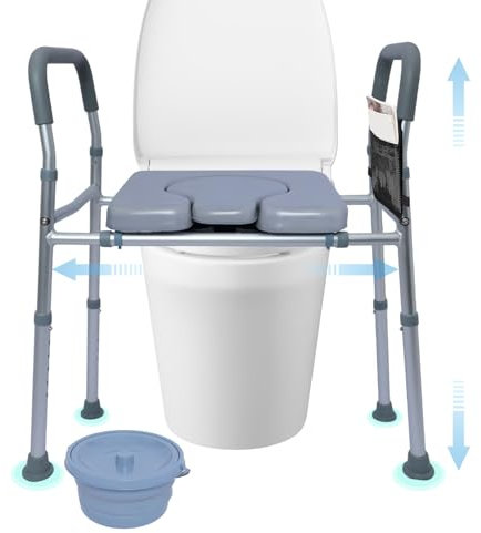 Elevador WC Adulto con Asiento, Reposabrazos para Inodoro, Reposabrazos WC para Mayores, Ajustable Ancho y Alto con Asiento y Cubeta Plegable, Elevador WC para Adultos, Hasta 200 kg